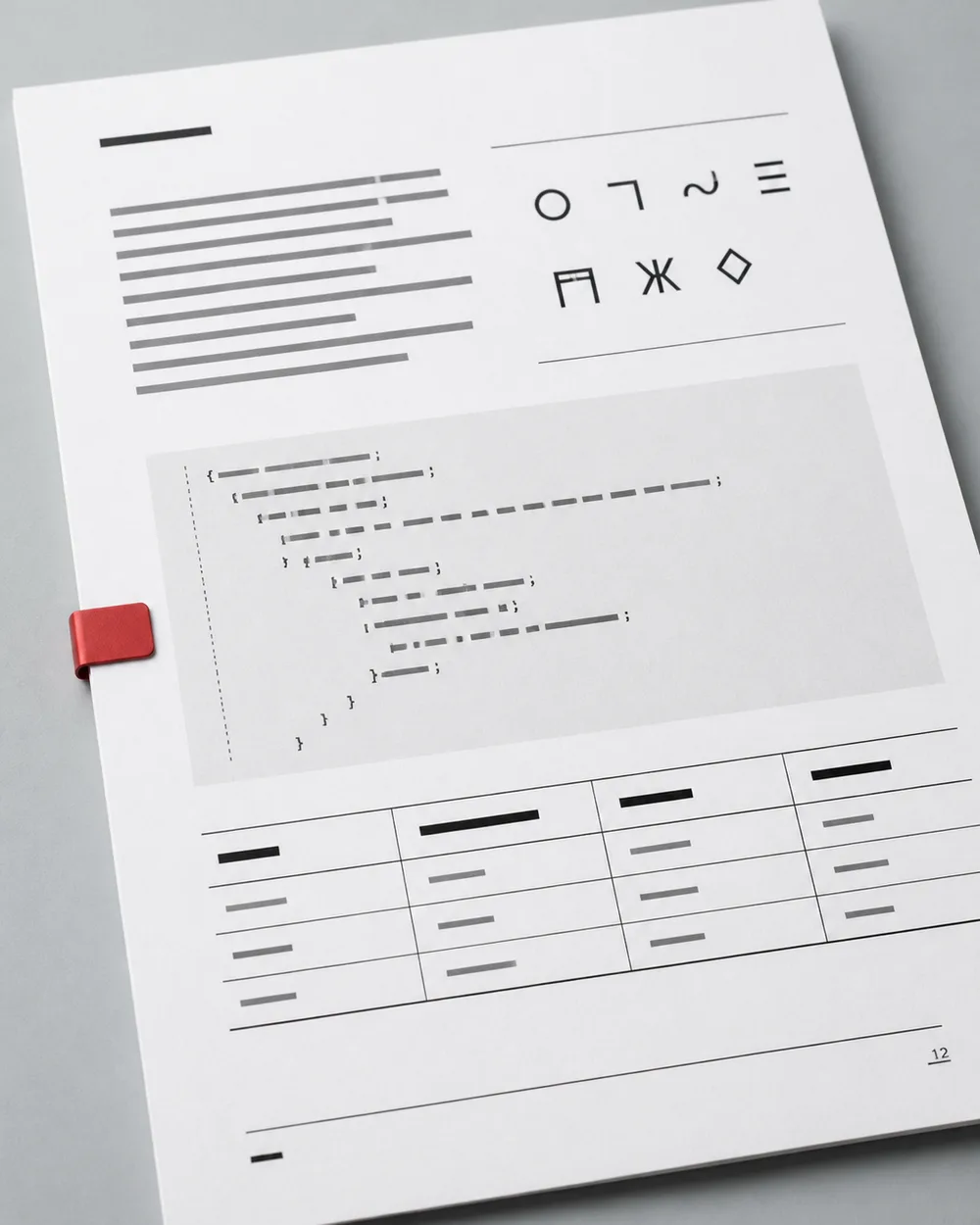 Close-up of a printed technical page with code and a table